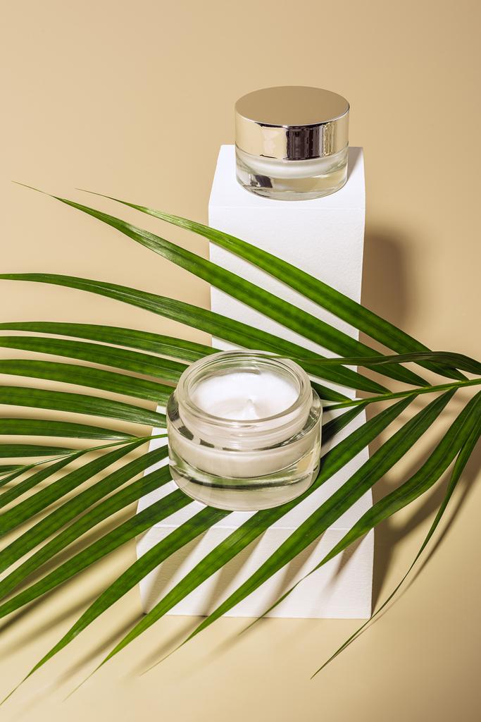 close up view of green palm leaf and body creams in glass jars on white cubes on beige background - Photo, Image