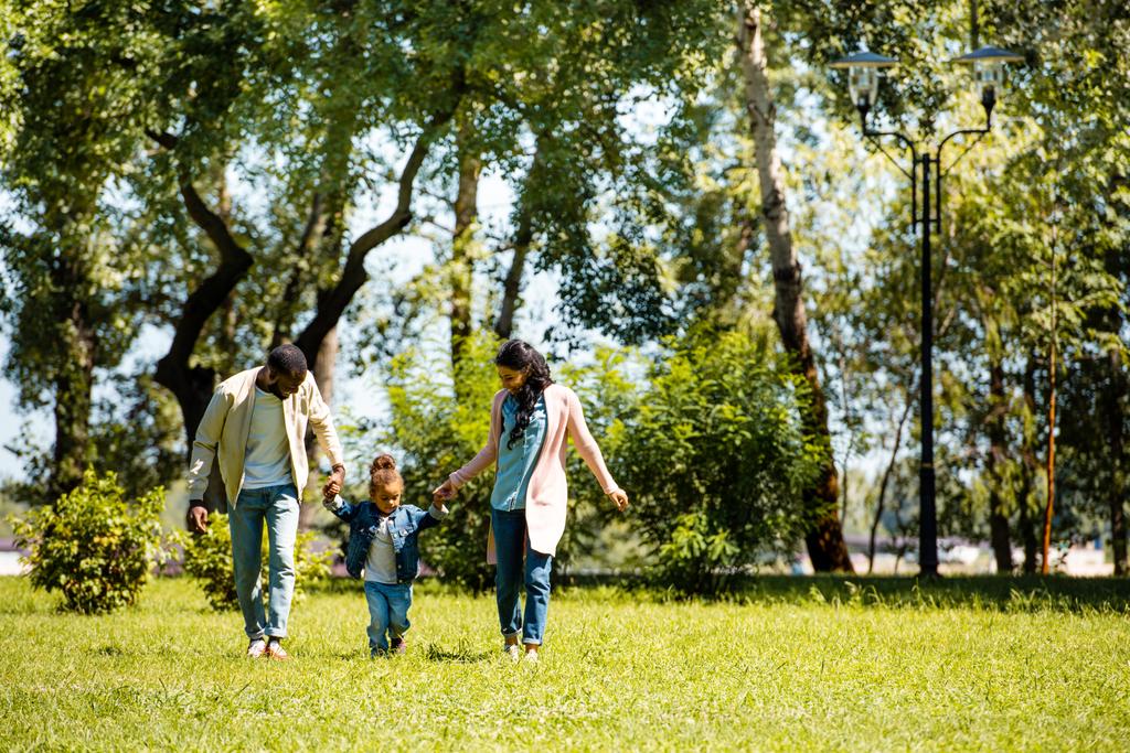 Afro-Amerikaanse ouders en dochter hand in hand en lopen op groen gras in park - Foto, afbeelding