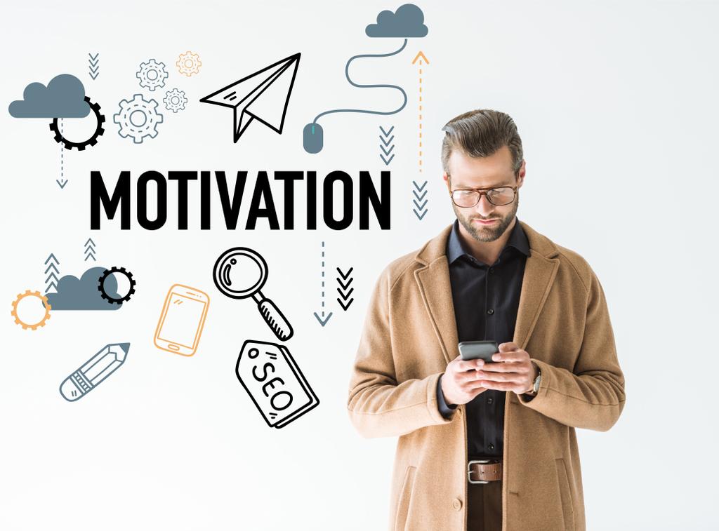 handsome developer in brown coat using smartphone, isolated on white with SEO motivation icons - Photo, Image