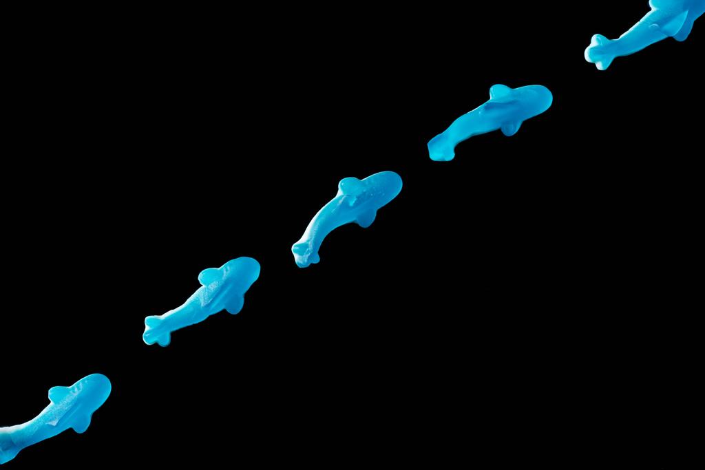 vista superior da diagonal de doces de geleia azul em forma de golfinhos isolados em preto
 - Foto, Imagem