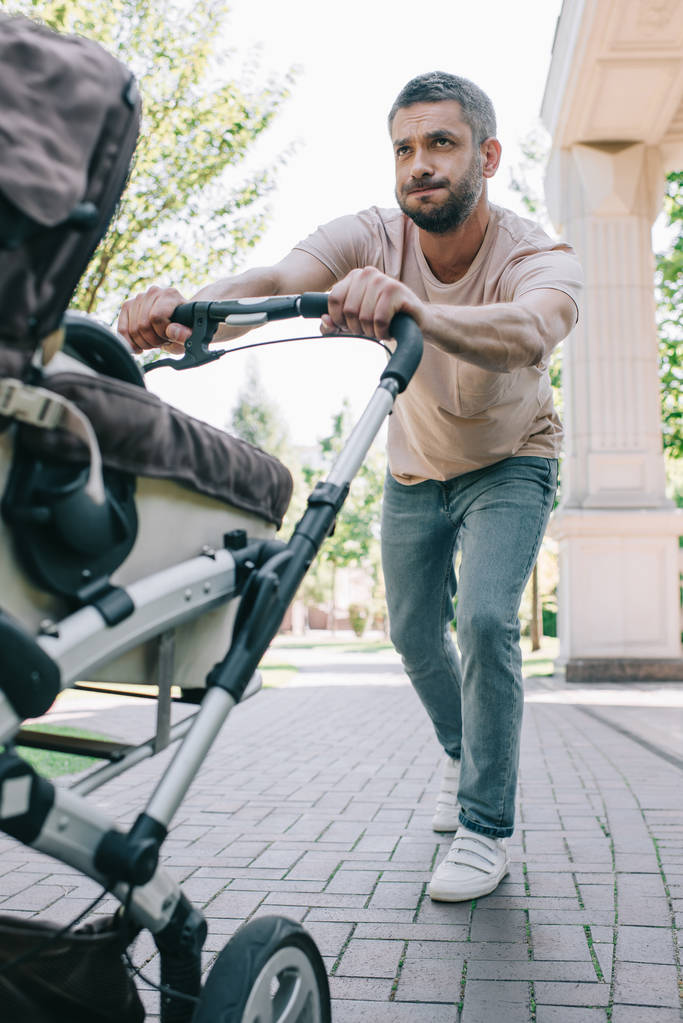 father pushing heavy baby carriage in park - Photo, Image