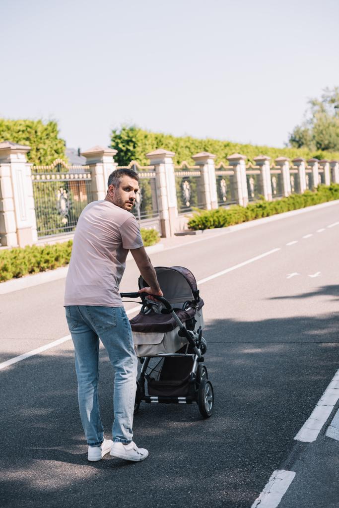 πίσω όψη του πατέρα περπατώντας με το μωρό μεταφορά στο πάρκο - Φωτογραφία, εικόνα