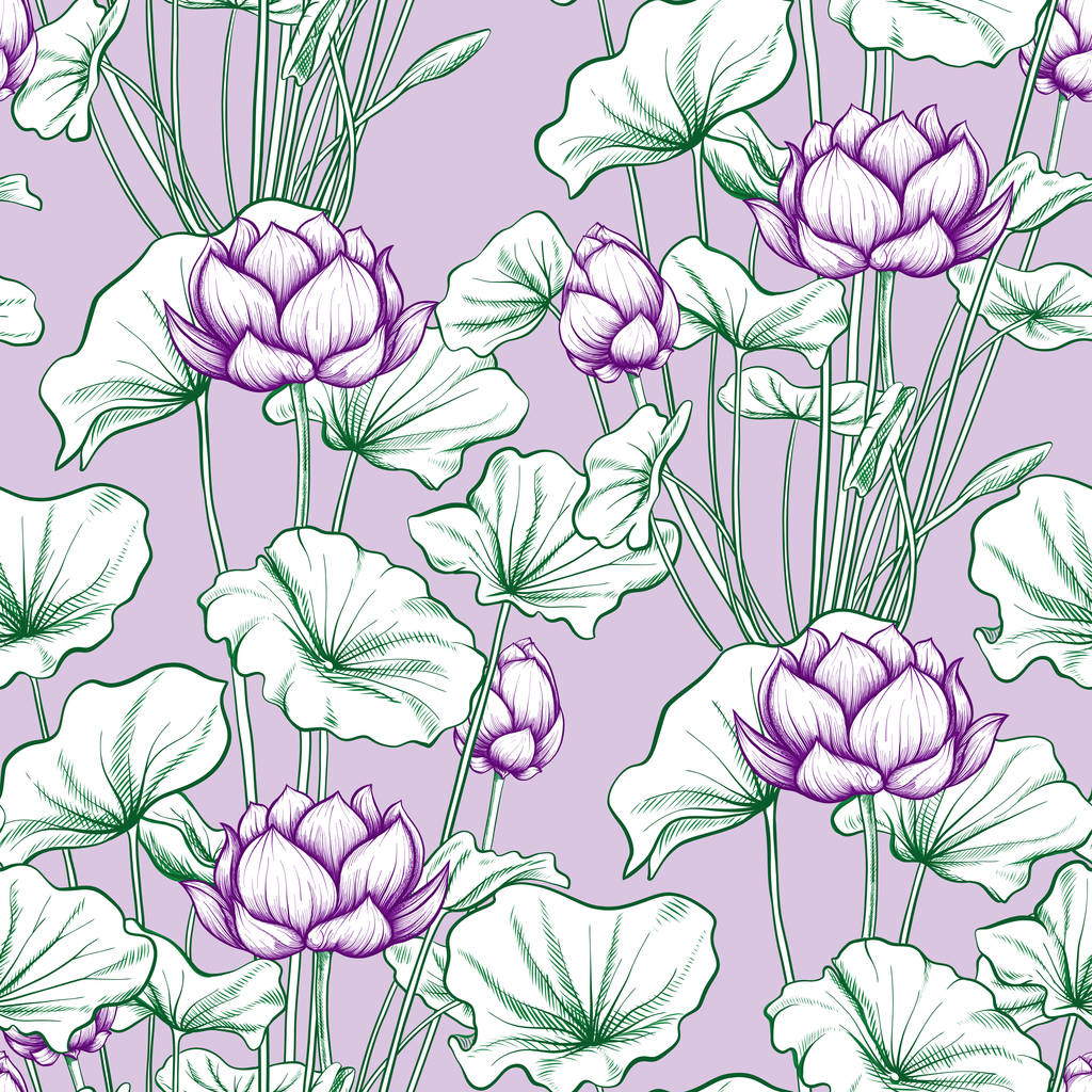 蓮の花と背景のシームレスなパターン。植物のイラスト - ベクター画像