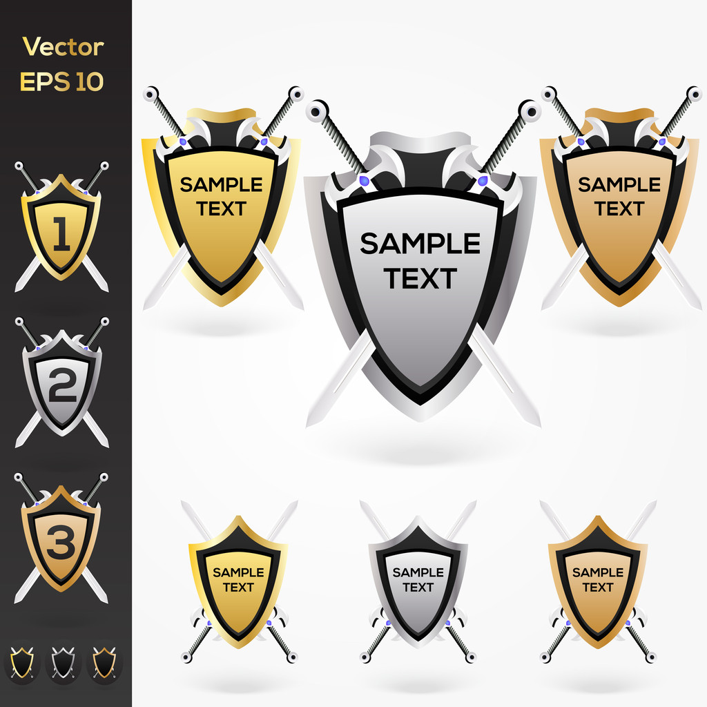 Набор золотых, серебряных, бронзовых щитов и мечей
 - Вектор,изображение