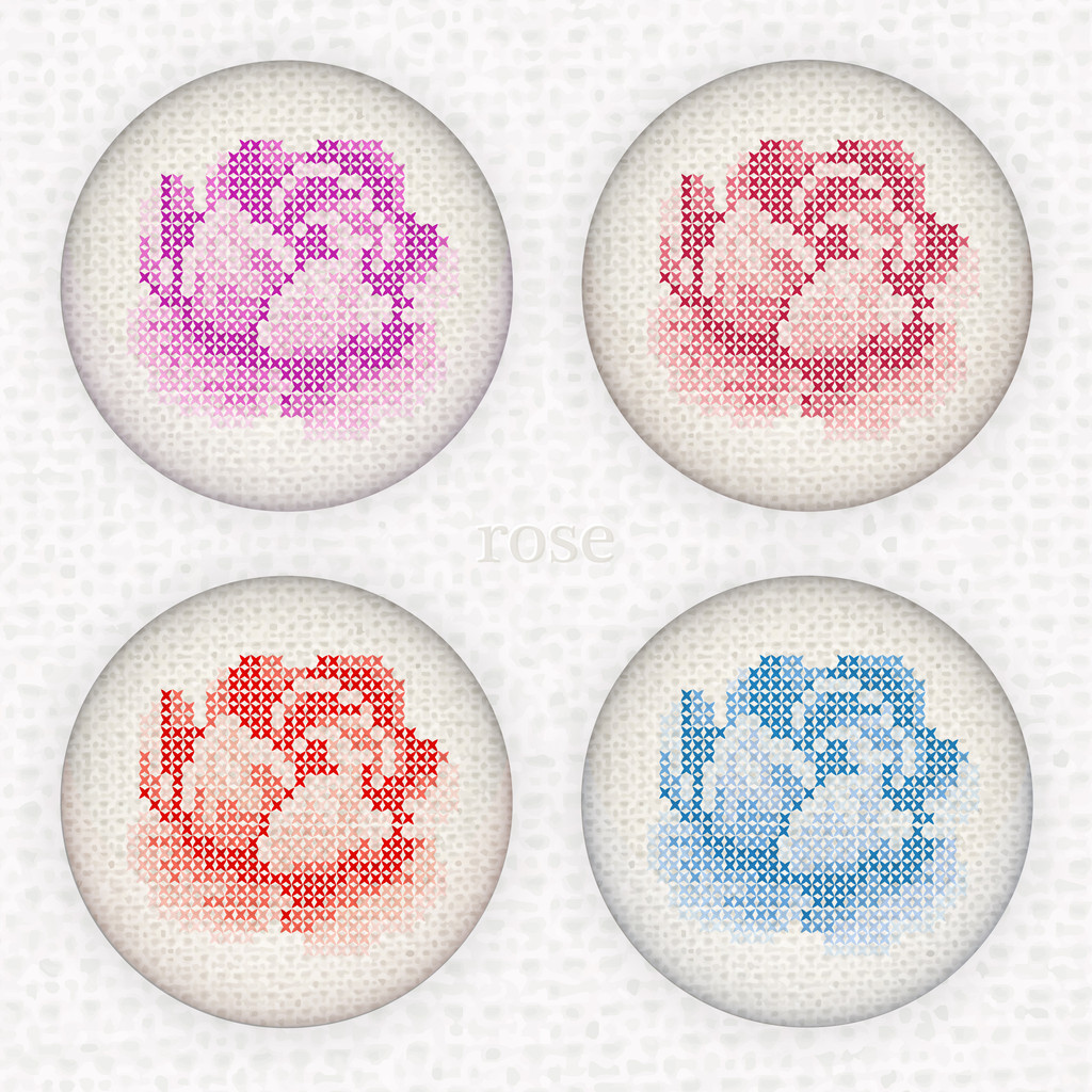 Vector set of buttons with embroidery roses. Cross-stitch. - Vector, Image