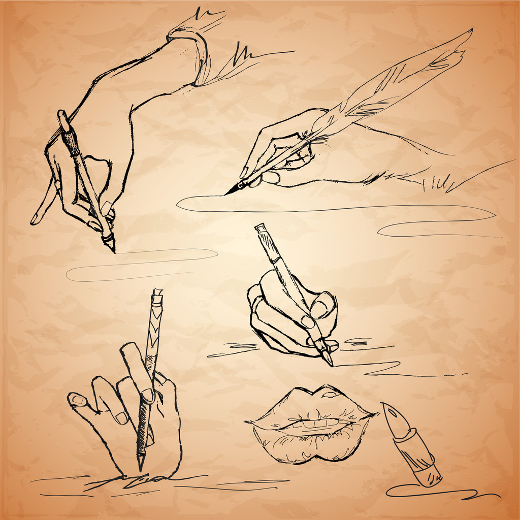 Vector illustrations of an hand writing with a feather pen, lips, lipstick - Vector, Image