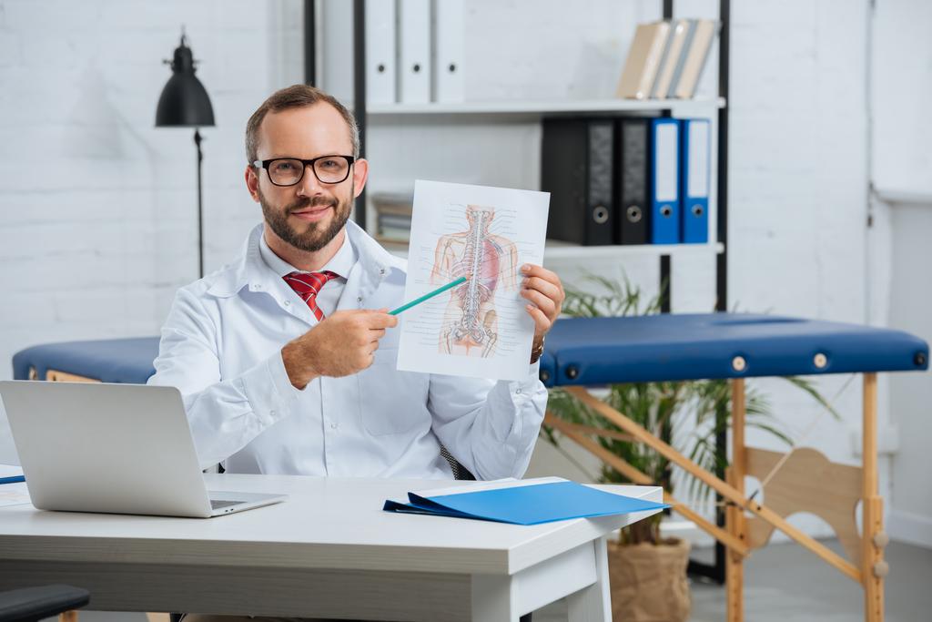 portrait of male chiropractor in white coat and eyeglasses pointing at human body scheme in hospital - Photo, Image