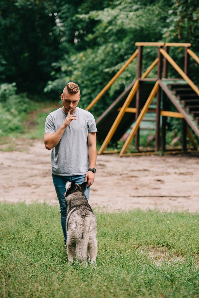 jeune cynologue formation obéissance avec chien husky dans le parc
 - Photo, image