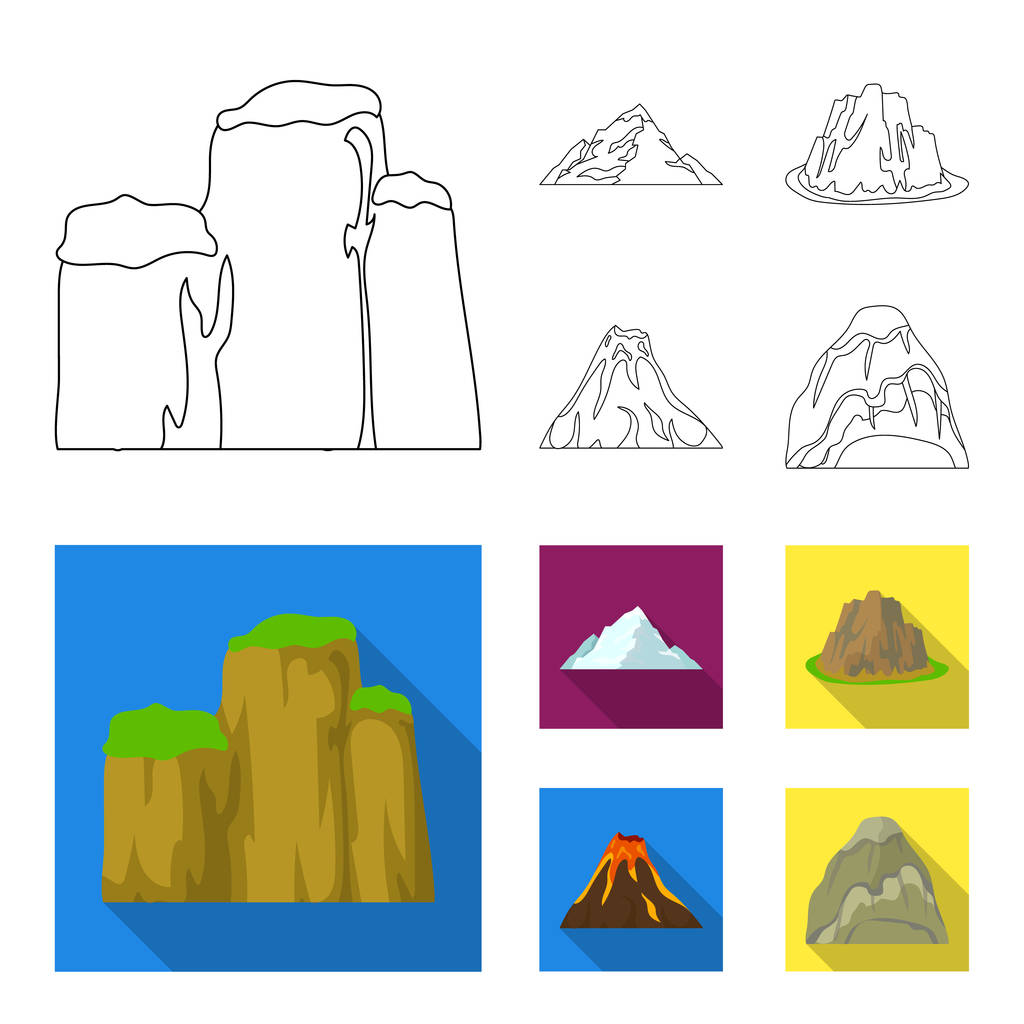 Лише скелі, вулканічне виверження, гора з пляжем, льодовик. Різні гори встановлюють піктограми колекції в контур, плоский стиль векторний символ стокової ілюстрації веб
. - Вектор, зображення