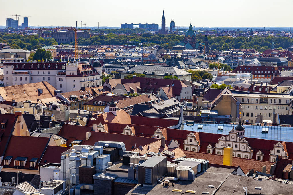 Munich, Germany, on August 16, 2018. A view of Alstadt and city roofs from the survey platform of the New Town hall - Photo, Image