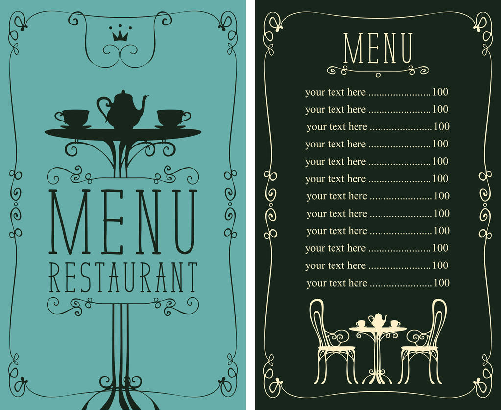 Menú vectorial para restaurante o cafetería con una lista de precios y una mesa para dos, sillas y té en un marco figurado con rizos en el estilo art déco
 - Vector, Imagen