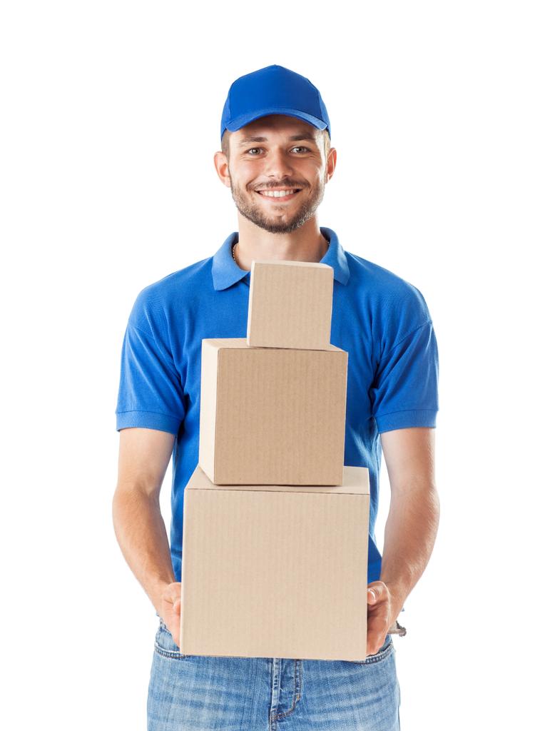 Hymyilevä kuriiri, joka toimittaa valkoisella pohjalla olevia paketteja
 - Valokuva, kuva