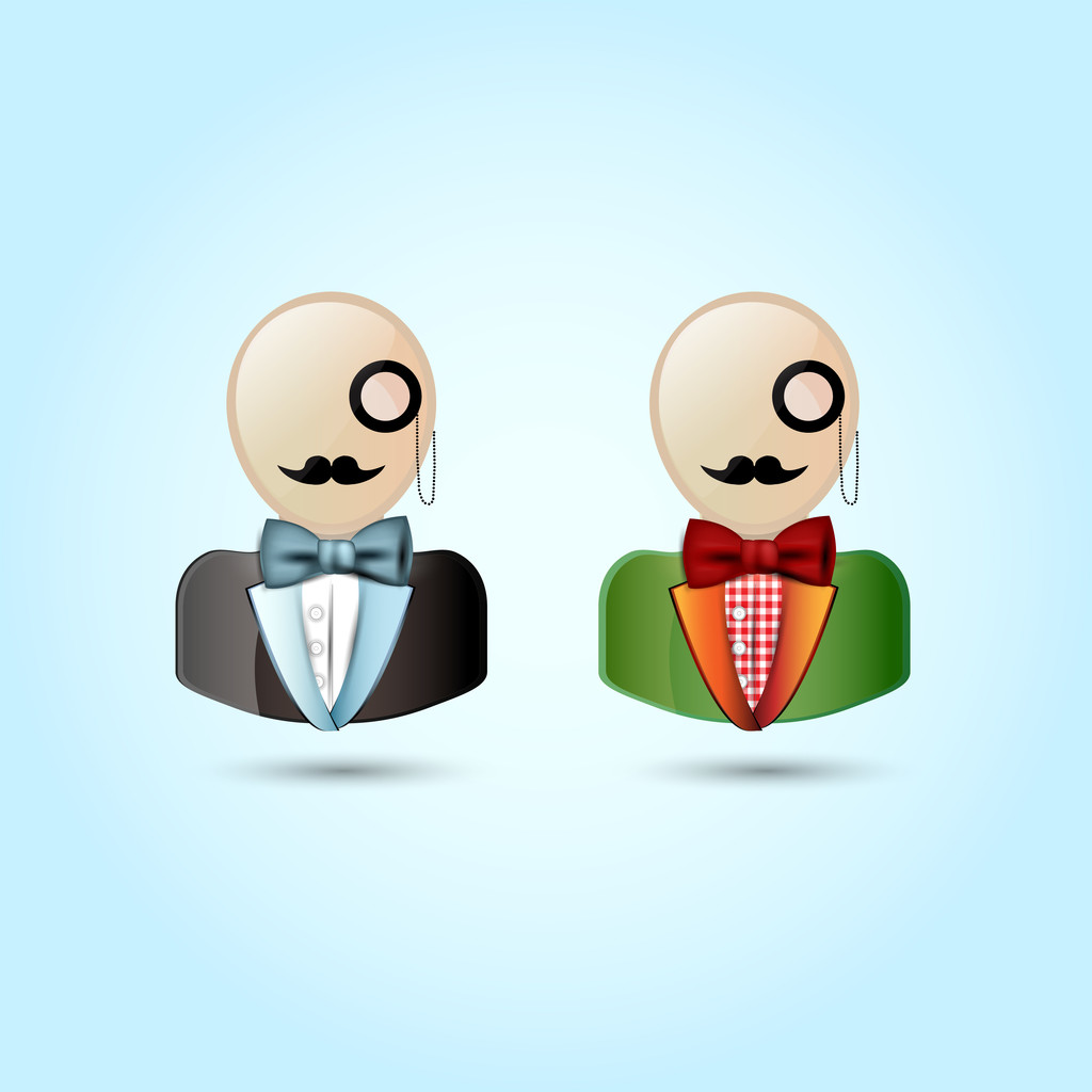 Faces with mustaches, monocle, suits, and a bow tie - vector illustration. - Vector, Image