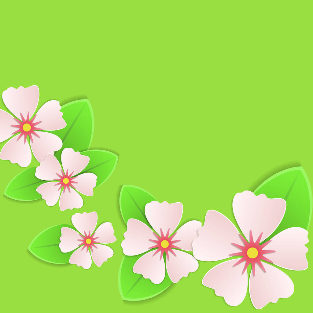 Yeşil arka plan bahar kartı şablonundaki pembe çiçekler. Vektör çizim. - Vektör, Görsel