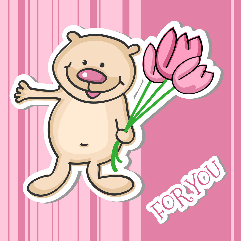 Cute little Teddy bear with a bouquet of flowers, vector illustration - Vector, Image