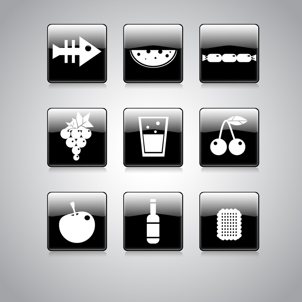 Food Icon on Square Black and White Button Collection Vector Illustration - Vector, Image