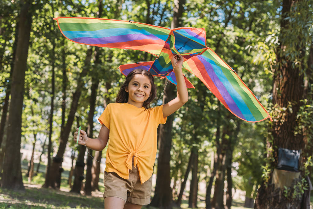 красивый счастливый ребенок держит цветного воздушного змея и играть в парке
 - Фото, изображение
