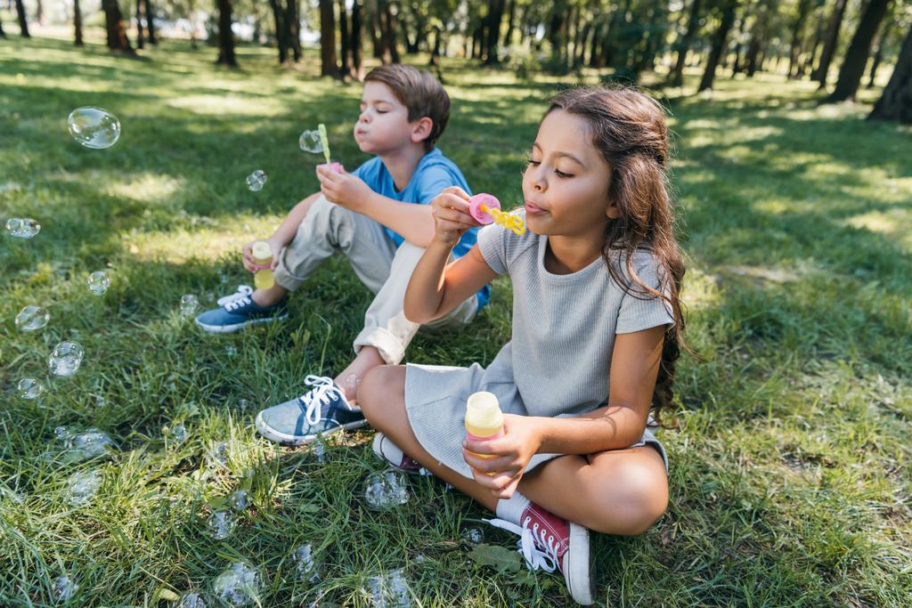 bonitinho crianças soprando bolhas de sabão no parque
 - Foto, Imagem