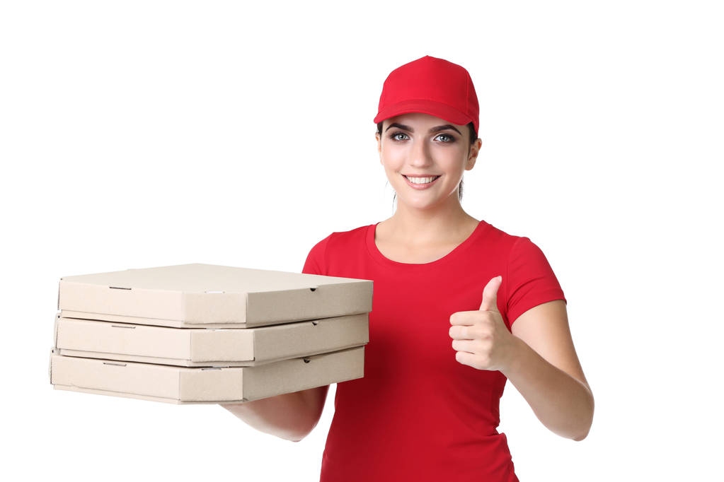 Szállítási nő pizza kartondobozban, fehér háttér - Fotó, kép