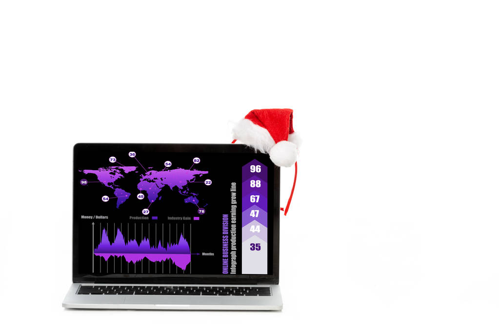 Χριστουγεννιάτικο καπέλο για φορητό υπολογιστή με infrographic στην οθόνη που απομονώνονται σε λευκό φόντο  - Φωτογραφία, εικόνα