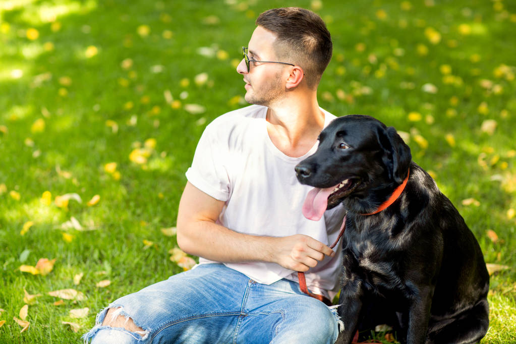 guy hugging with his dog labrador playing in the park - Photo, Image