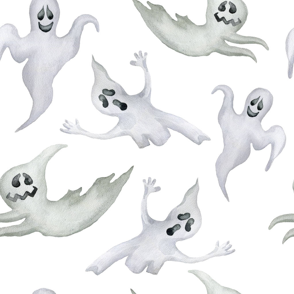 Padrão sem costura com fantasmas de Halloween no fundo branco. ilustração aquarela desenhada à mão
. - Foto, Imagem