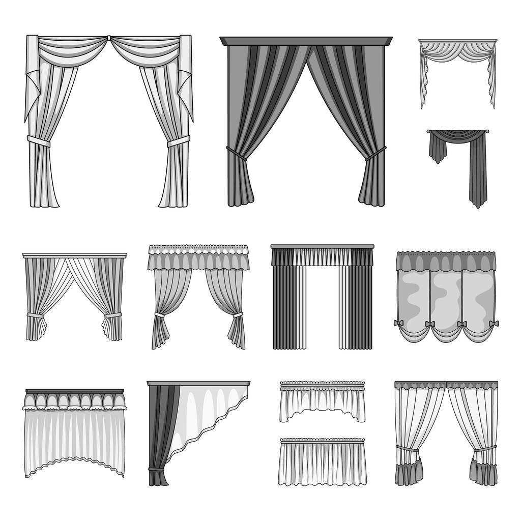Diferentes tipos de cortinas iconos monocromáticos en colección de conjuntos para el diseño. Cortinas y lambrequines vector símbolo stock web ilustración
. - Vector, imagen