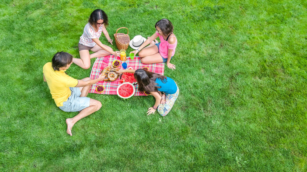Família feliz fazendo piquenique no parque, pais com crianças sentadas na grama e comendo refeições saudáveis ao ar livre, vista aérea de cima, férias em família e conceito de fim de semana
 - Foto, Imagem