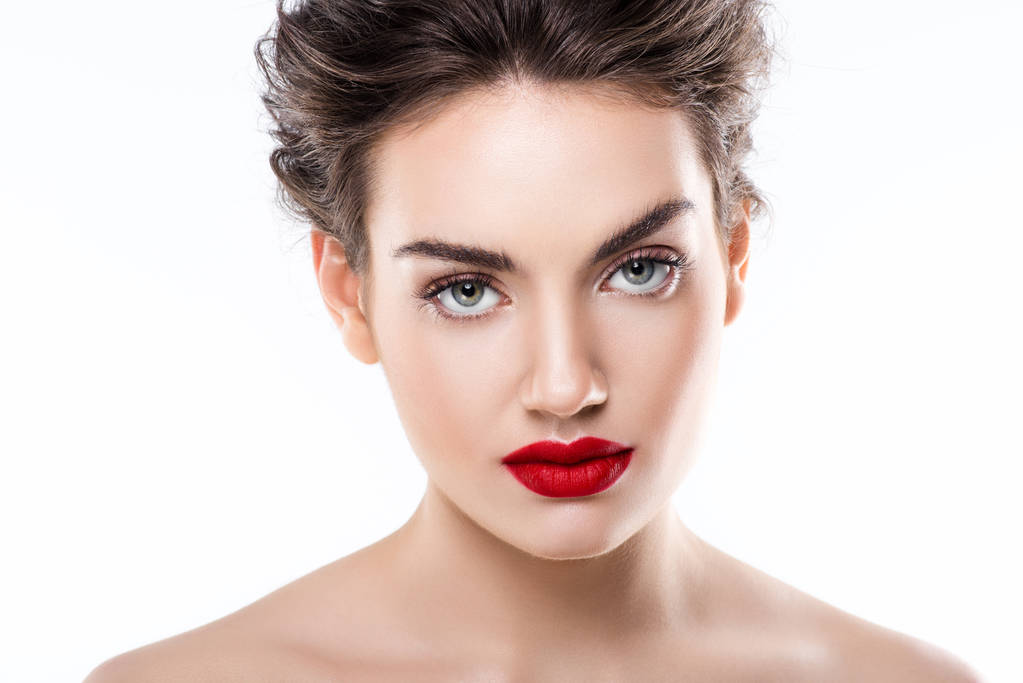 portrait of beautiful young woman with red lips, isolated on white  - Photo, Image
