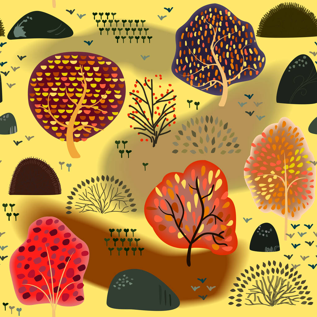 nahtloser Hintergrund mit stilisierten Herbstbäumen. Waldhelles Muster. - Vektor, Bild