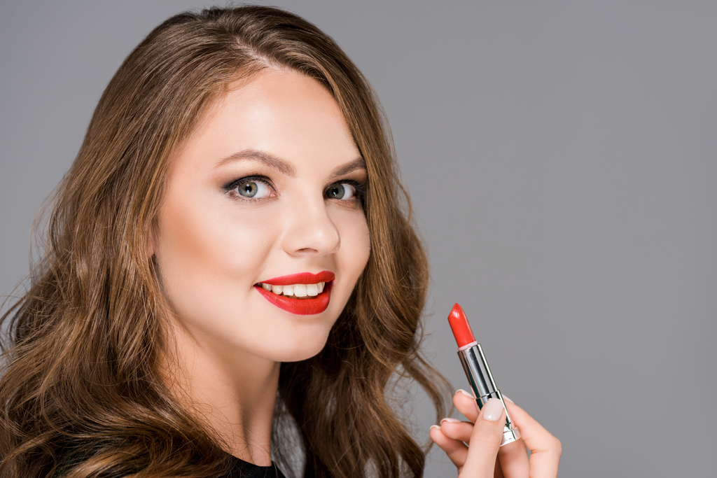 attractive smiling woman with red lipstick isolated on grey - Photo, Image