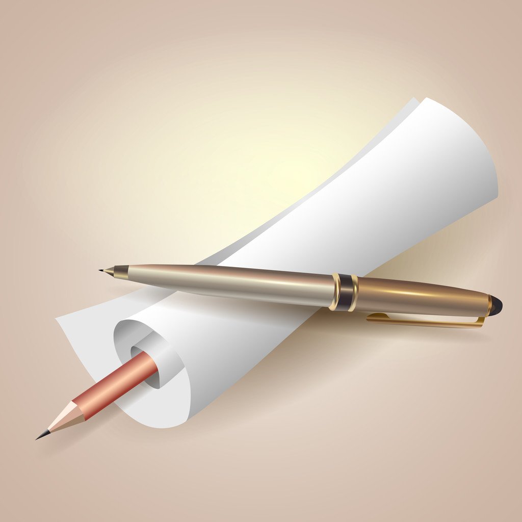 Papel de desplazamiento con bolígrafo y lápiz
 - Vector, Imagen
