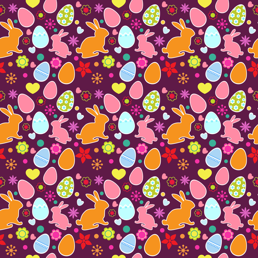 イースターの卵、花やウサギとのシームレスなパターン - ベクター画像