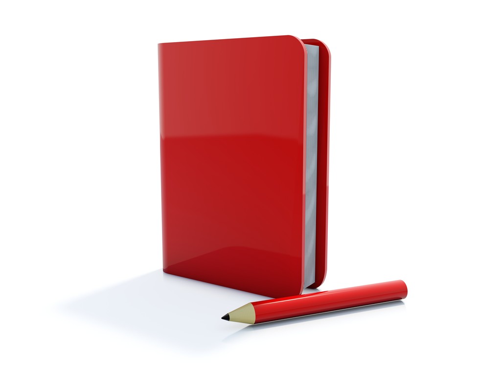 ペンのアイコンが付いた赤いノート - 写真・画像