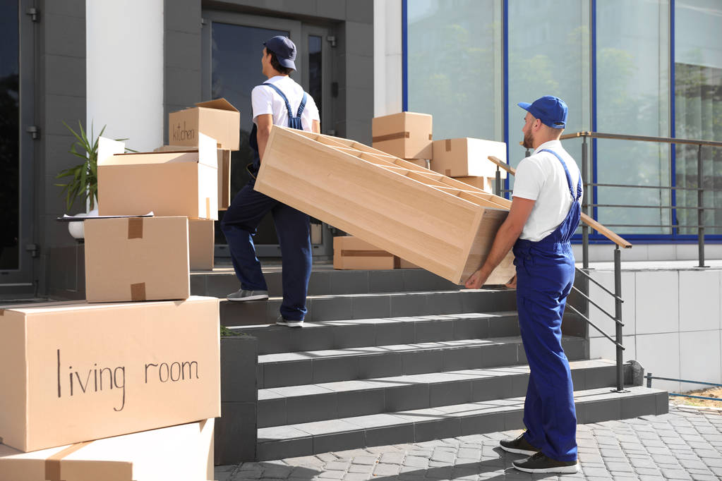 Male movers carrying shelving unit into new house - Photo, Image