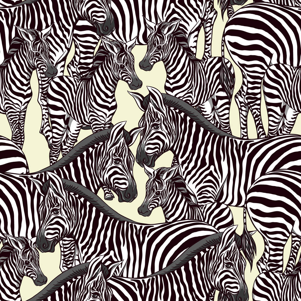 Seamless pattern, background  with adult zebra  and zebra cub.  Realistic drawing, animalism. Vector illustration.  On green background. - Vector, Image