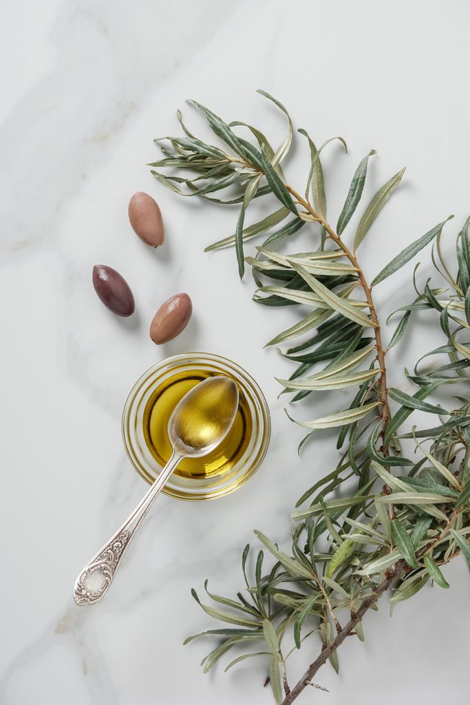 top view of olive oil and spoon in glass, twigs and olives on marble table - Photo, Image