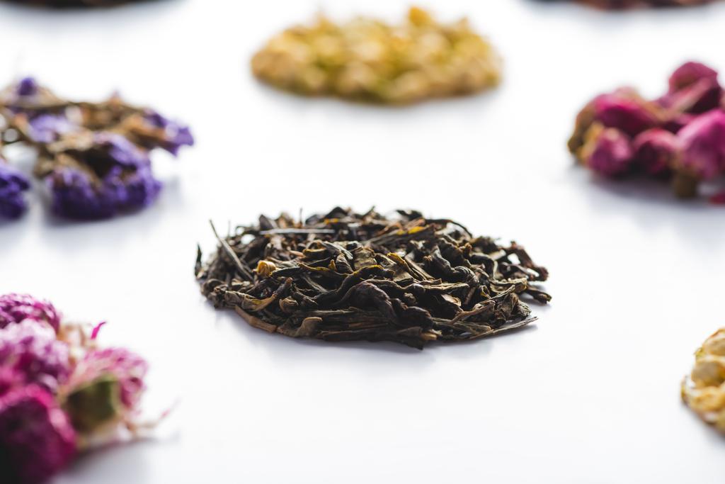 collection of organic herbal dried tea on white tabletop - Photo, Image