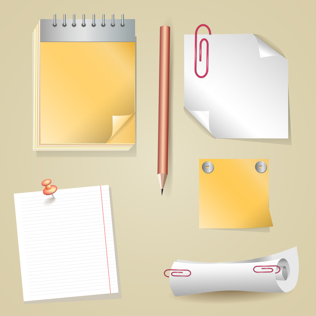 Ilustração de lápis, adesivo, pergaminho, bloco de notas
 - Vetor, Imagem