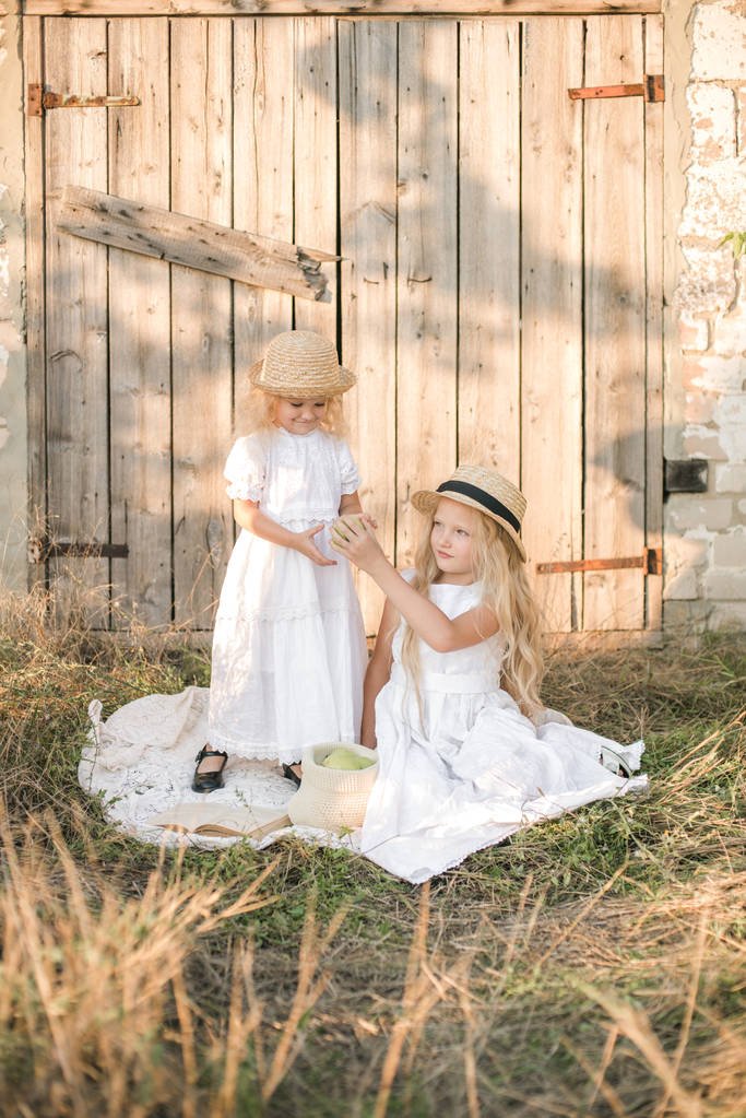 Preciosas hermanas rubias en vestidos blancos y sombreros de paja se ríen y comen manzanas en el campo en verano
 - Foto, Imagen
