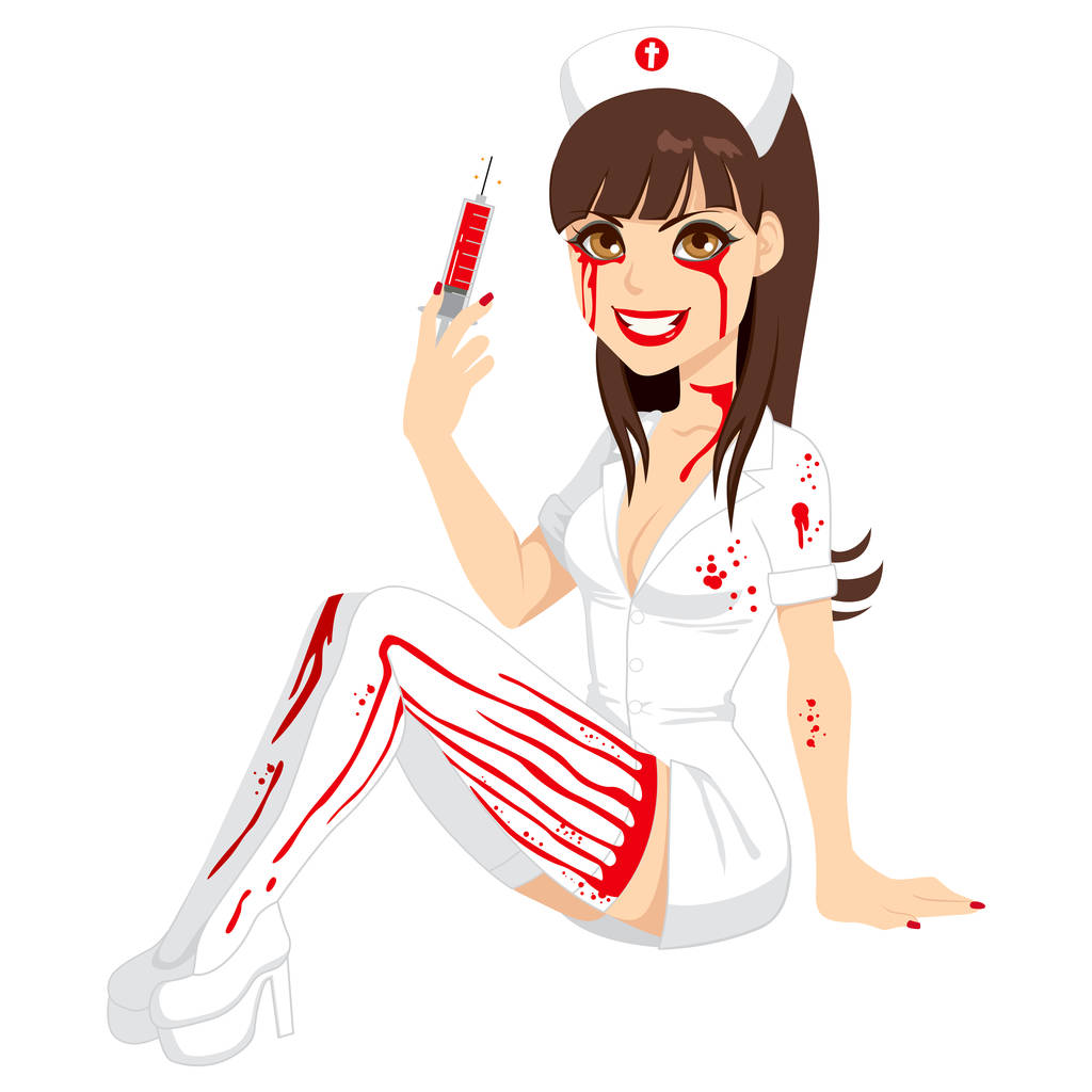 Jolie fille en costume d'infirmière d'Halloween ensanglanté tenant une seringue avec du liquide rouge
 - Vecteur, image