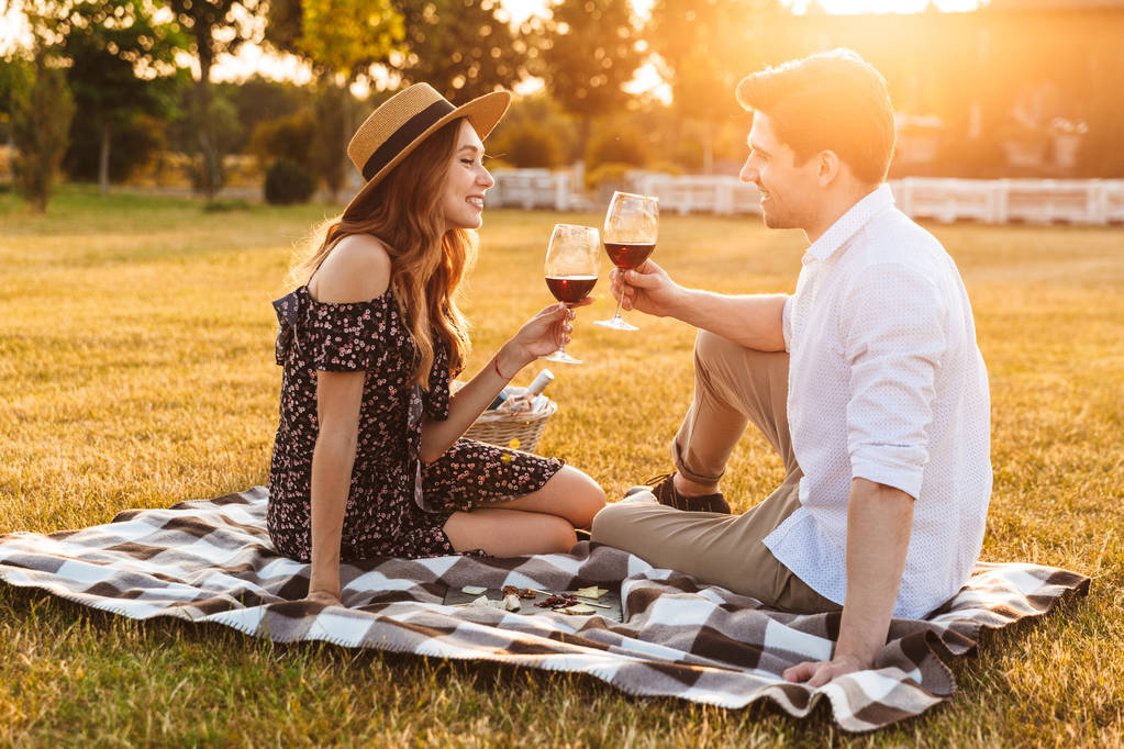 Imagen de pareja amorosa joven sentada por citas outdors en picnic celebración vasos de vino beber
. - Foto, imagen