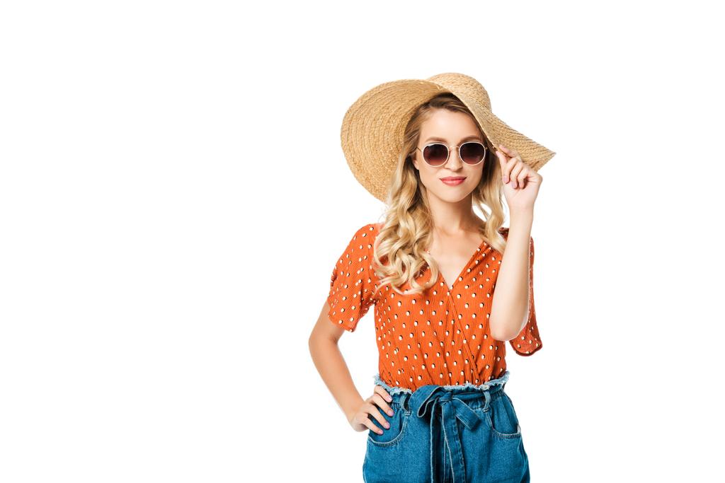 portrait of beautiful young woman in straw hat and sunglasses posing isolated on white - Photo, Image
