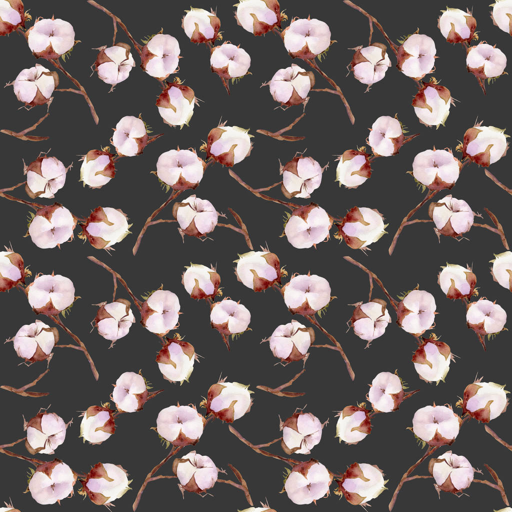 nahtloses Muster mit Baumwollpflanzenblüte auf schwarzem Hintergrund. handgezeichnete Aquarell-Illustration.  - Foto, Bild