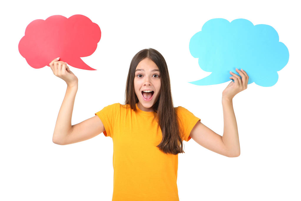 Young girl with speech bubbles on white background - Photo, Image