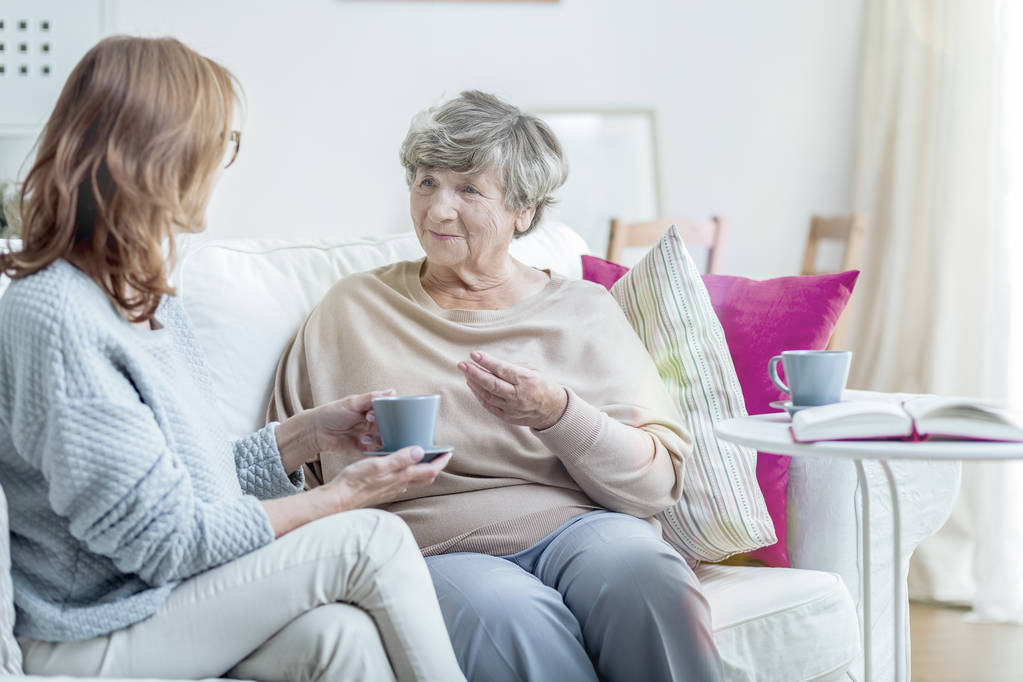 Grand-mère souriante parlant avec une aide familiale amicale lors d'une réunion à la maison
 - Photo, image