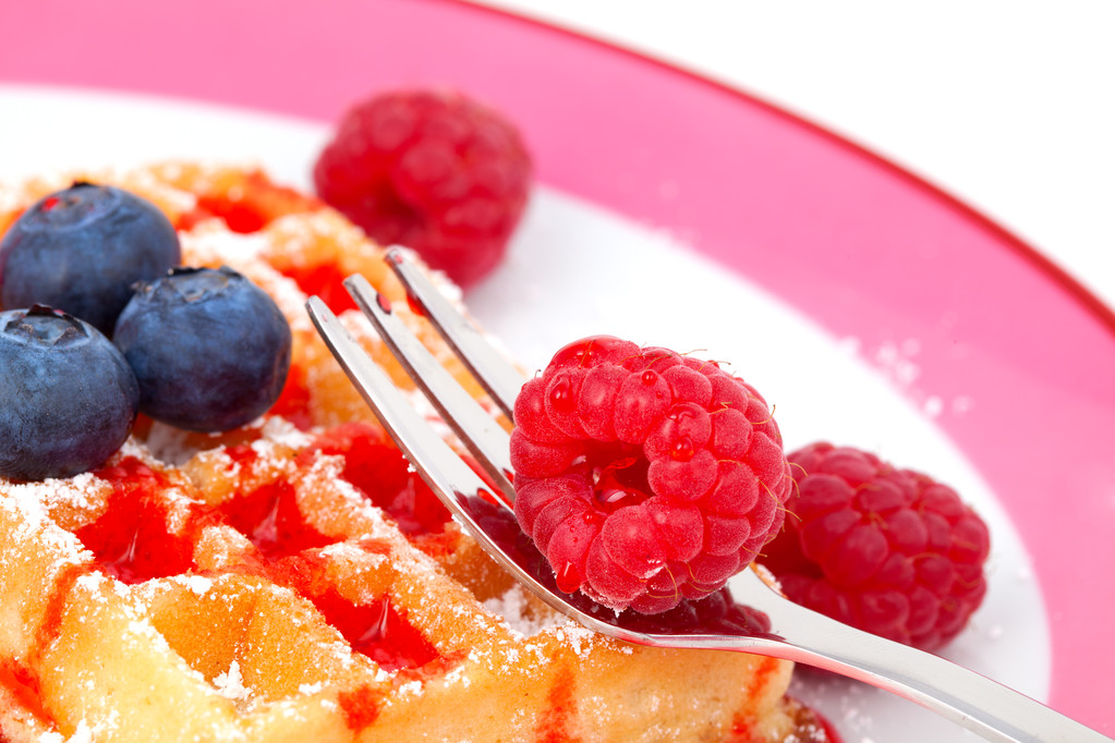 belgian waffles with syrup or served on a plate, garnished with - Photo, Image