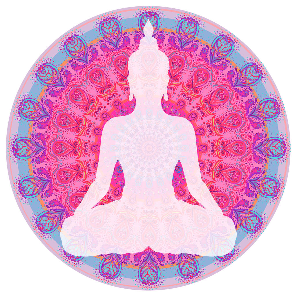 Chakra-Konzept. innere Liebe, Licht und Frieden. Buddha-Silhouette in Lotusposition über bunt verziertem Mandala. Vektor-Illustration isoliert. Buddhismus esoterische Motive. tätowiert, spirituelles Yoga. - Vektor, Bild