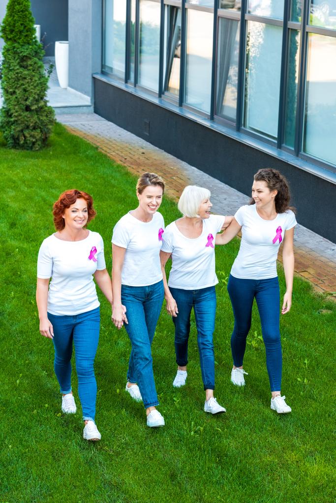 donne sorridenti con i nastri di consapevolezza del cancro al seno che camminano insieme sul prato verde
  - Foto, immagini