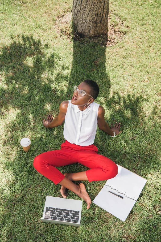 magas, szög, kilátás a stílusos vonzó afro-amerikai üzletasszony ül a parkban, és felnézett a fű - Fotó, kép